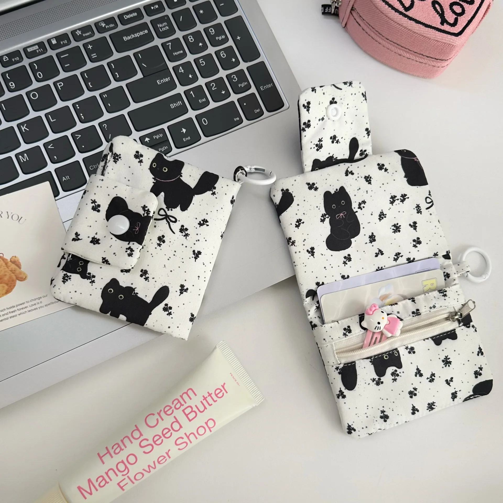 Cute Black Cat Bow Coin Purse Sweet Wallet Compact Portable Girl Multifunctional Storage Bag Card Holder Bag Hanging Decoration
