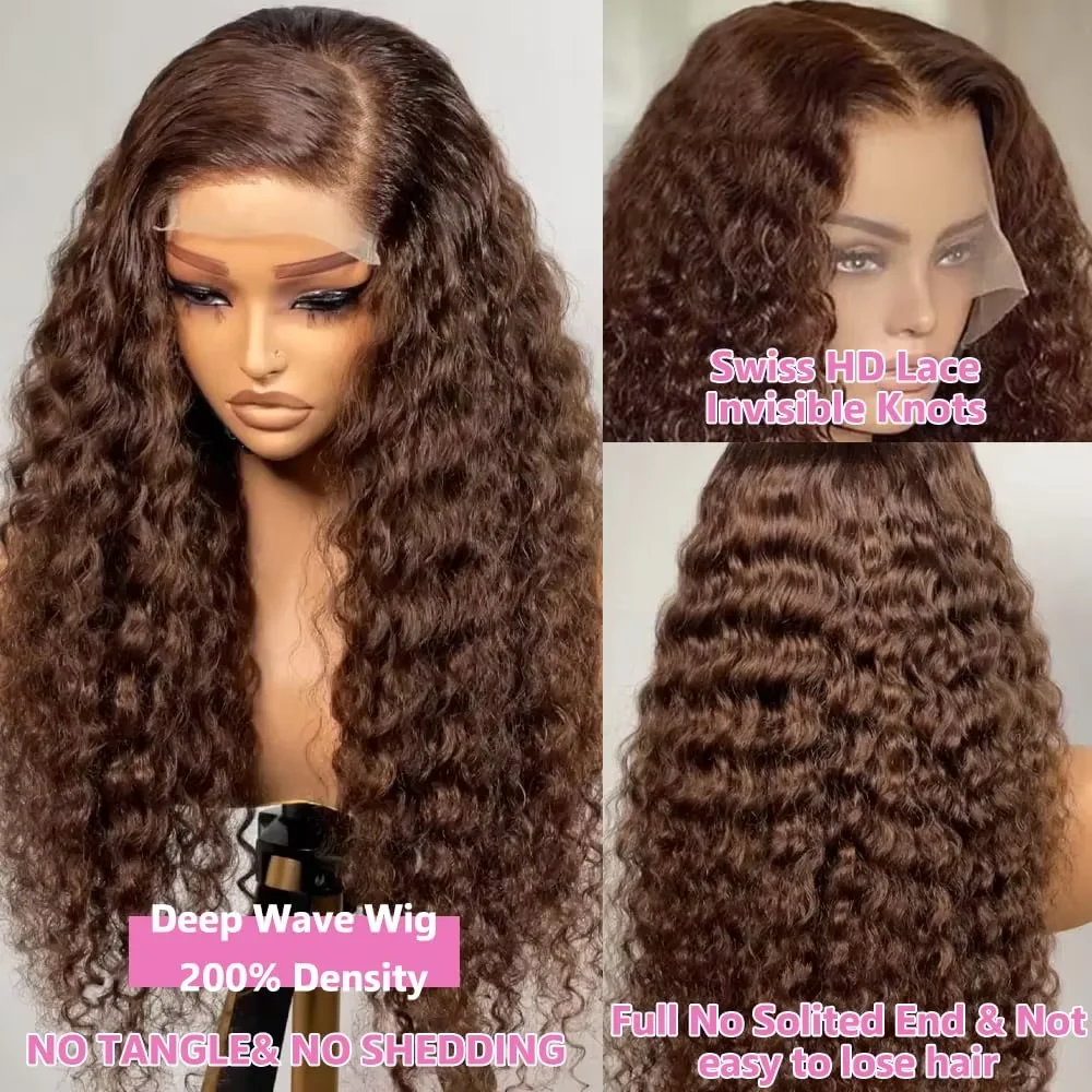 

30 38-дюймовые парики Deep Wave Chocolate Brown 13x4 HD Lace Front из малайзийских натуральных волос, кудрявые, с прозрачным кружевным фронтом, предварительно прорезанные