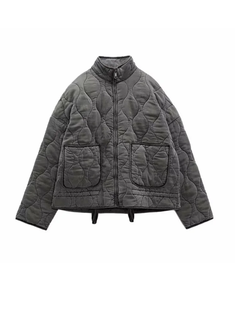 

HH Woman Casual Stand-up Collar Solid Coats Winter Woman Zipper Long Sleeves Drawstring Zipper Pockets Warm Cotton-padded