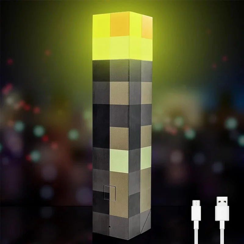 MC Game Brownstone Torch Light USB Rechargeable LED Night Light Table Lamp Kids Bedside Lamp Bedroom Desktop Decoration Game Gift