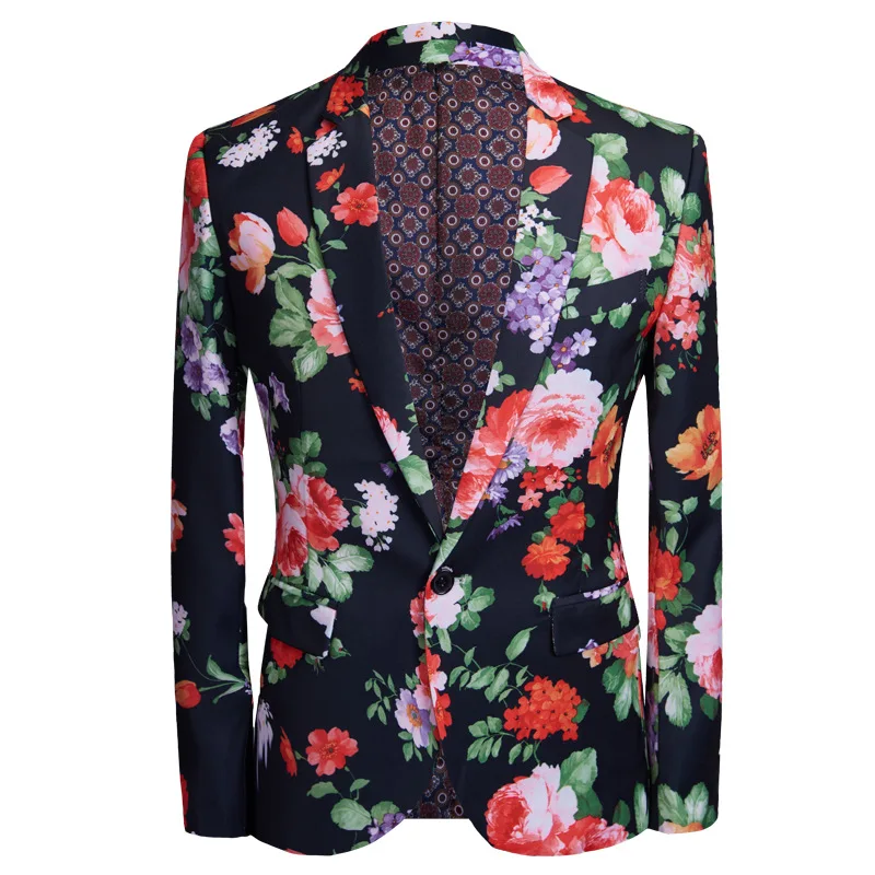 Fashion Men‘s Casual Black Flower Printing Club Bar Suit / Male Slim Stage Party Host Singer 2 Pcs Blazers Dress Jacket Pants