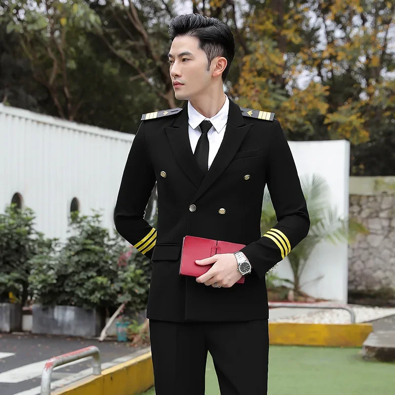 Allenatore uniforme da capitano del treno ferroviario ad alta velocità maschile Prestazioni da allenamento Tuta da pilota doppiopetto Host della compagnia aerea internazionale nel complesso