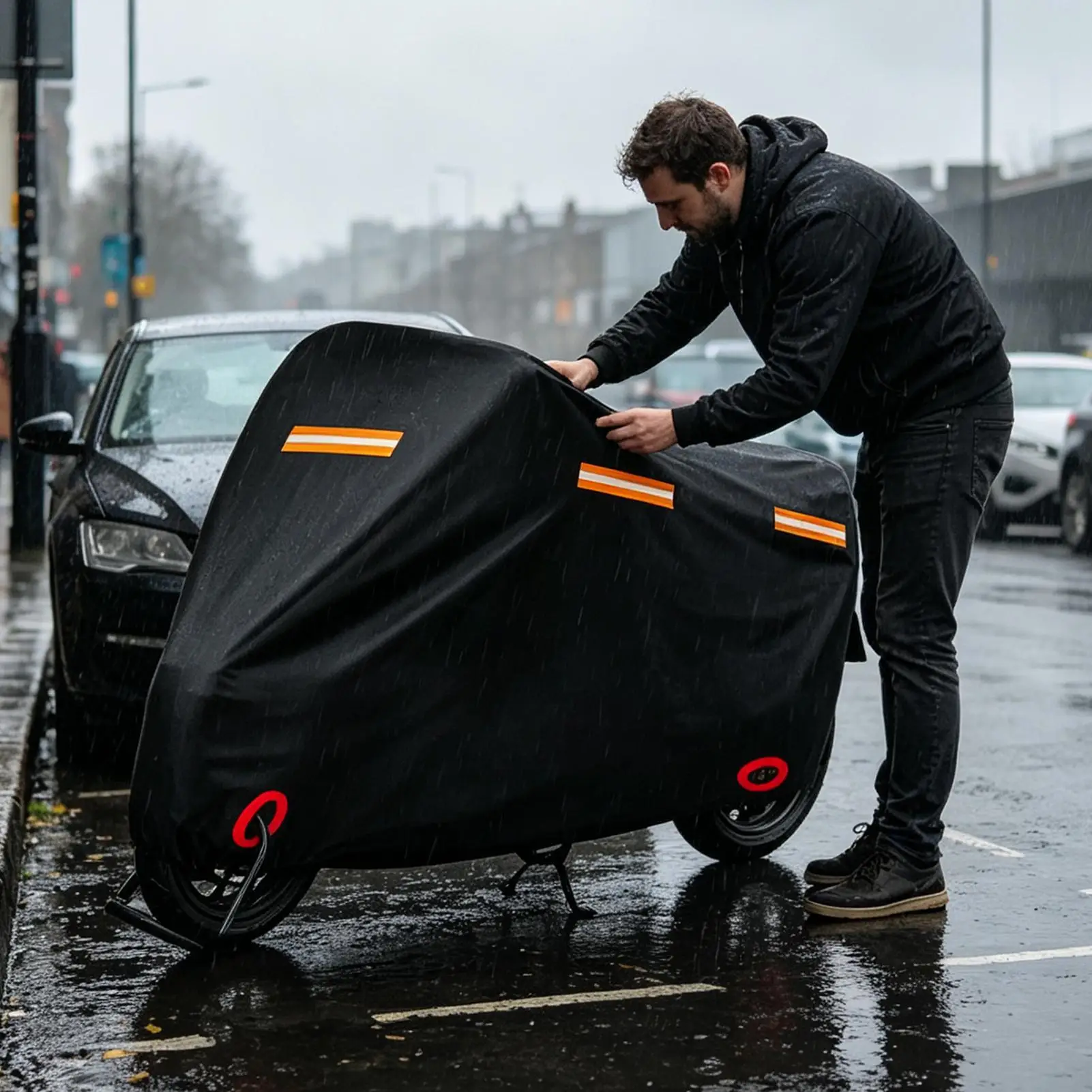 Motorcycle Cover With Reflective Strips Windproof Guard Motorcycle Cover Outdoor Storage Heavy Duty With Anti-Theft Lock Hole