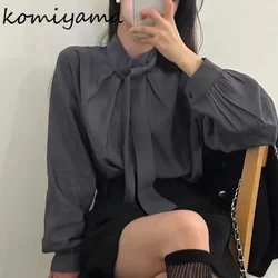 Stand Collar Ribbon Shirts & Blouses Long Sleeve Blusas Loose Pleated Ropa Mujer Woman 2024 Camisas Autumn All-match Blusa