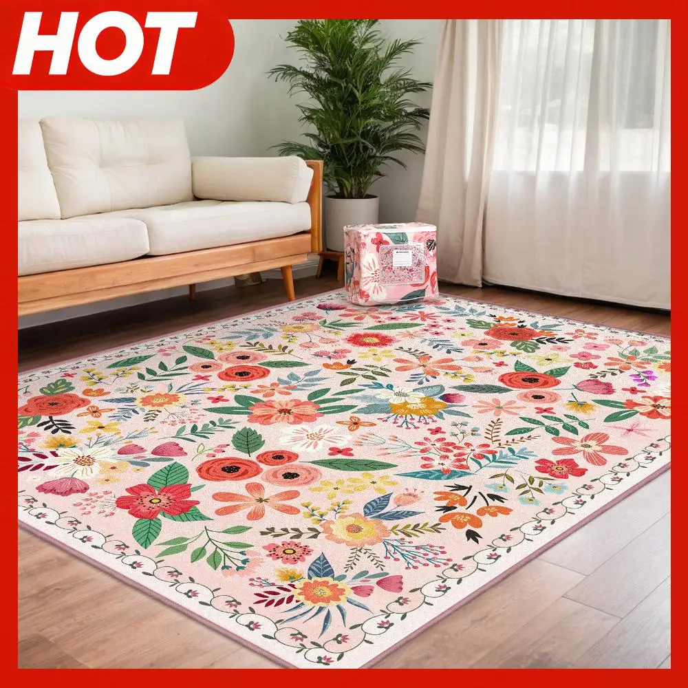 

8' X 10' Washable Rug Boho Floral Rug Non Slip Soft Carpet Low Pile Indoor Carpet for Large Living Room Bedroom