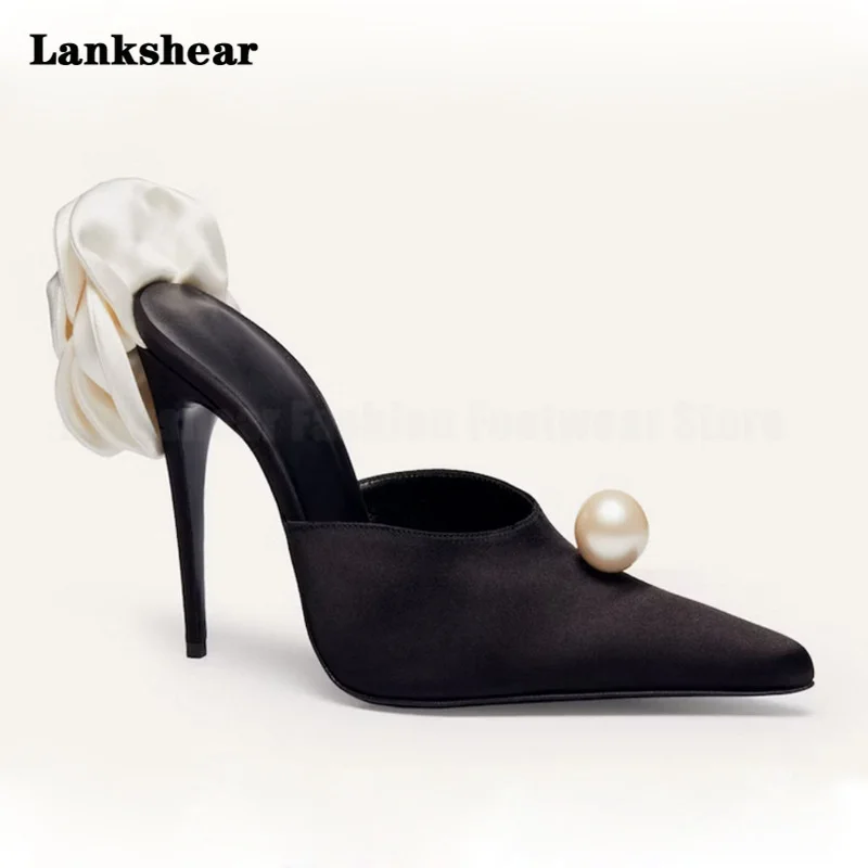 Black Satin Pointed Toe Stiletto Floral High Heels Pearl Single Shoes Women's High Heels Women's Shoes Party Luxury Shoes