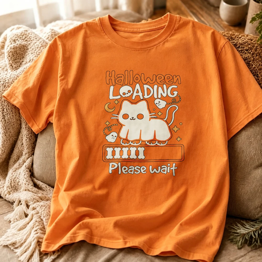 Halloween Loading Please Wait Ghost Cat Graphic T‑Shirt Cute Ghost Cat Progress Bar Moon Star Skull Funny Spooky Casual Tops Tee
