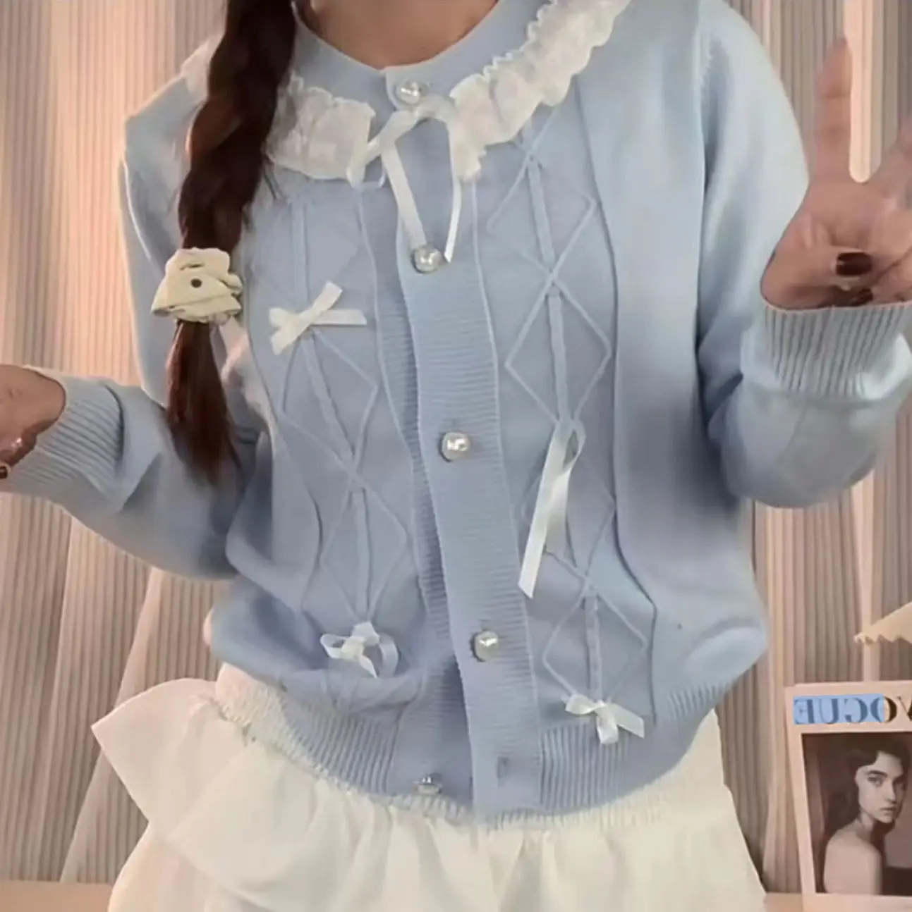 

New Korean Version Bow Lace Edge Spliced Sweater Women's Coat 2025 Autumn/winter Design Sense Knitted Cardigan