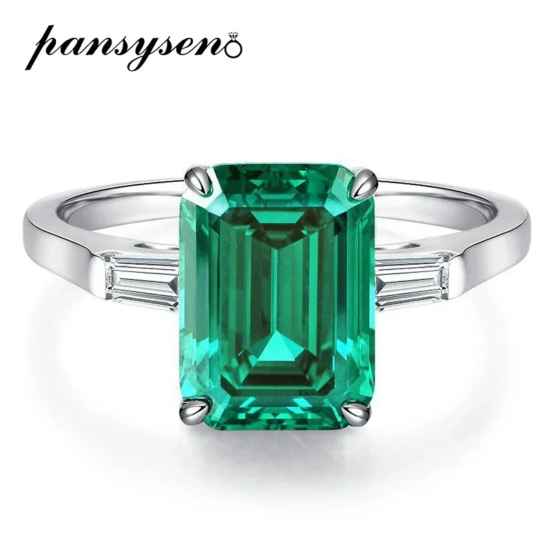 

PANSYSEN Luxury 925 Sterling Silver 8x11MM Emerald Sapphire High Carbon Diamond Ring for Women Wedding Party Fine Jewelry Gift