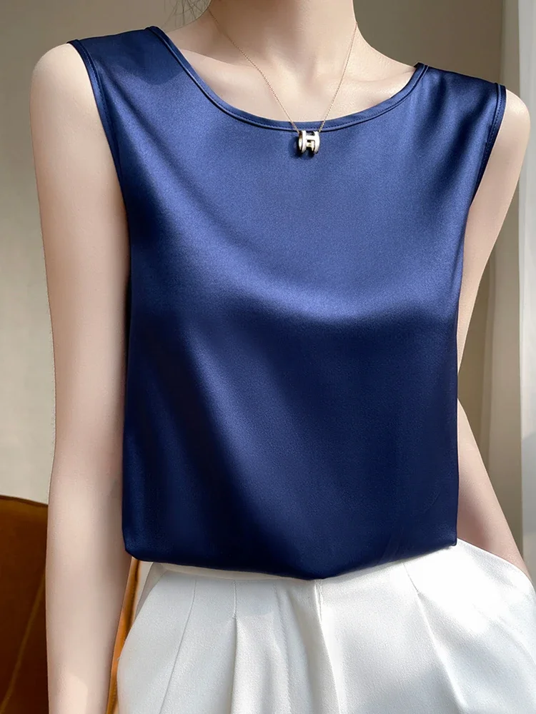 Summer Silk Camis Women\'s T Shirts Sleeveless Vest Satin Tank Tops Office Elegant Fashion O Neck Champagne BlouseTop Women