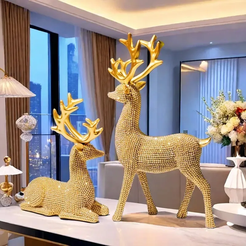 2Pcs Christmas Reindeer Sculpture Geometric Resin Sitting Standing Elk Deer Figurine Christmas Ornament Home Living Room Decor