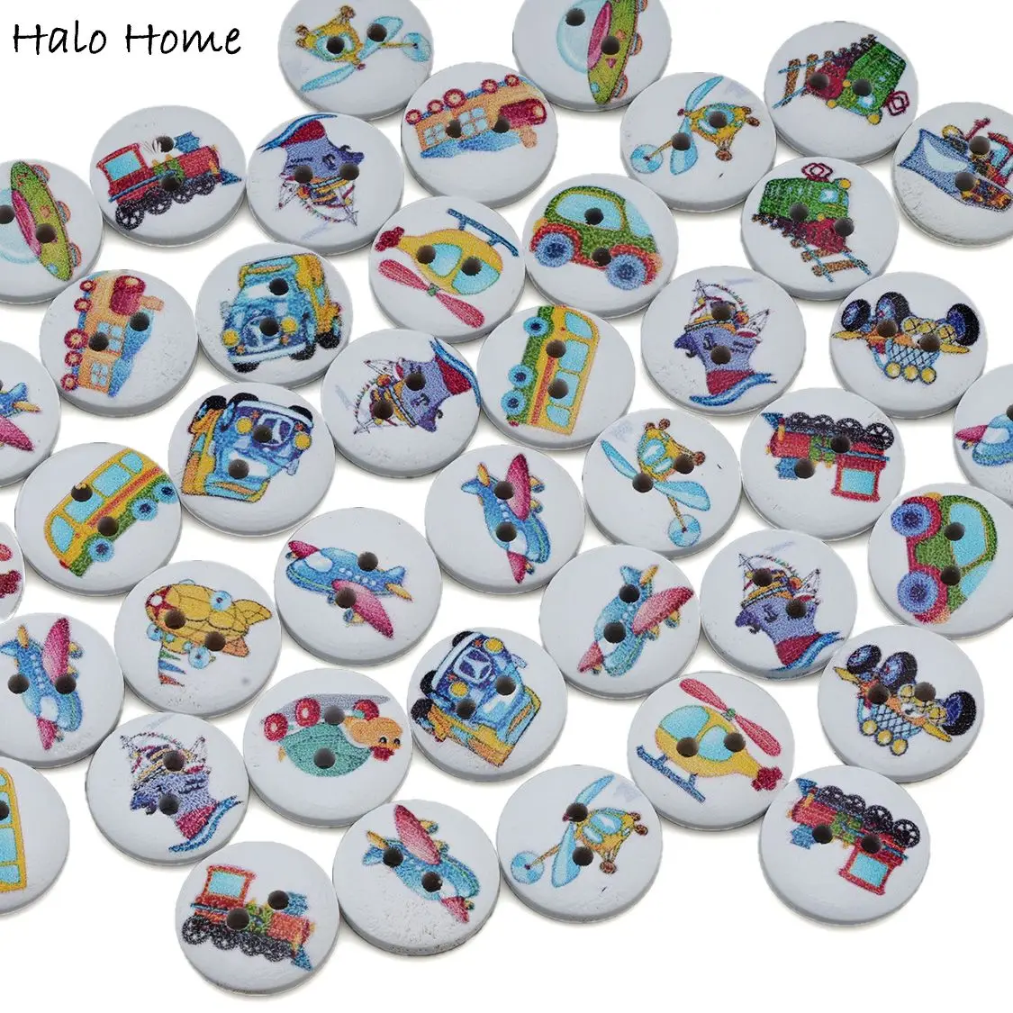 50pcs Cartoon Transportation Wooden Buttons with Airplane/Car/Train/Ship, for DIY Sewing, Kids Crafts & Scrapbooking 15mm