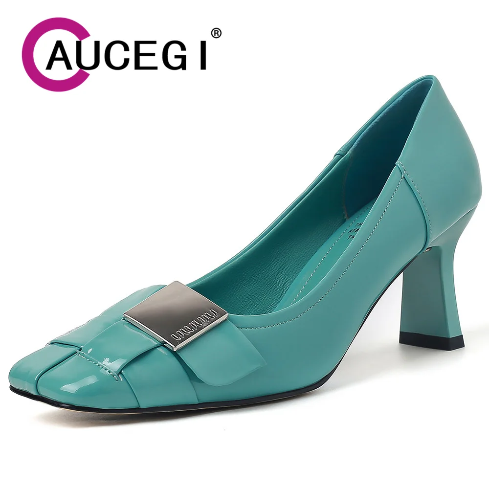 Aucegi Genuine Leather Women's Fashion Square Toe Slip-on Pumps Metal Decorations High Heels Spring Autumn Party Dress Shoes
