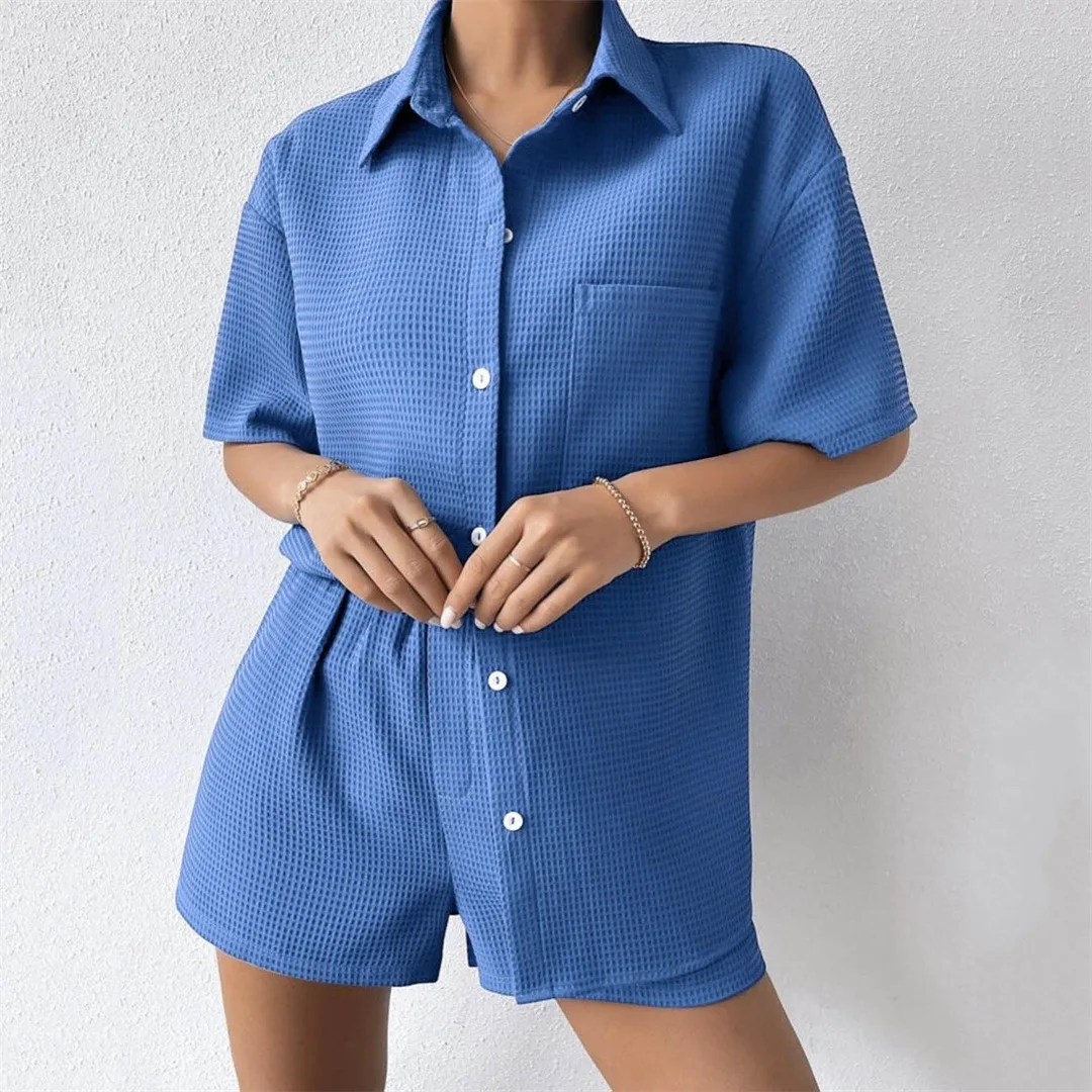 High Waist Shorts Suits Women\'s Clothes Summer Female Tops Turn Down Collar Short Sleeve Pockets Button Tops Casual 2 Pieces Set