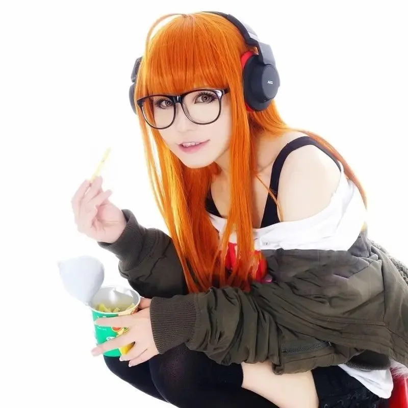 2025 yiyi P5 Persona5 Futaba Sakura 100cm Long Straight Citrus Orange Heat Resistant Cosplay Costume Wig + Track + Cap