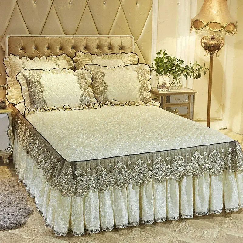 AIWINSURE-Lace Velvet Bedspread King Size, Quilted Ruffle Bedskirt, Queen Bed Cover, with 2 Pillow Cases, Soft Warm, European