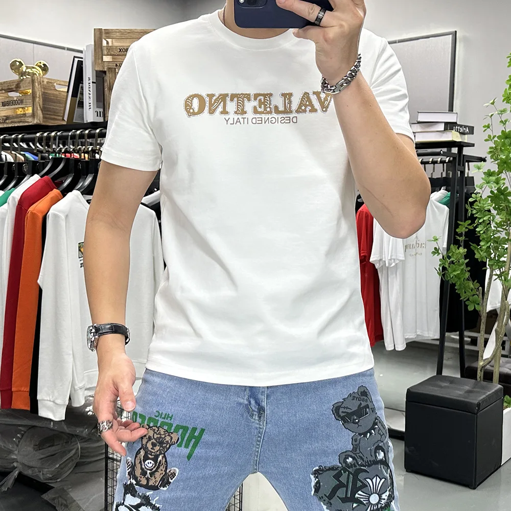 T-shirt men's Summer New 3D Letter Trend Fashion Round Neck Male Tees Streetwear Homme Tops Cotton Causal Bottom Shirt Clothing