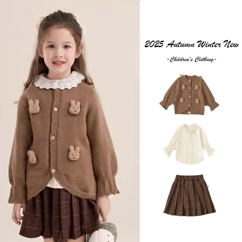

2025 Autumn Winter New Girls' College Style Set 3-Piece Shirt Skirt Knitted Cardigan Autumn Knitted Golden Set Girls' Clothing