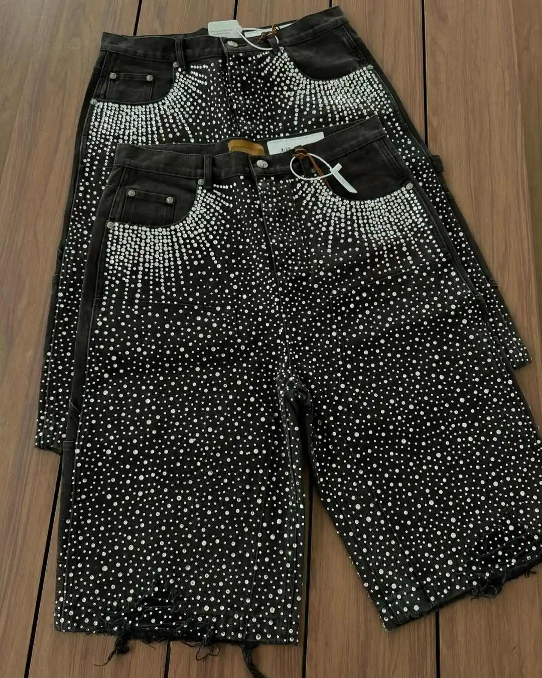 

Y2k Streetwear Women Vintage Rhinestone Sequin Denim Shorts Jeans Hip Hop Baggy Denim Gym Shorts Casual Basketball Shorts
