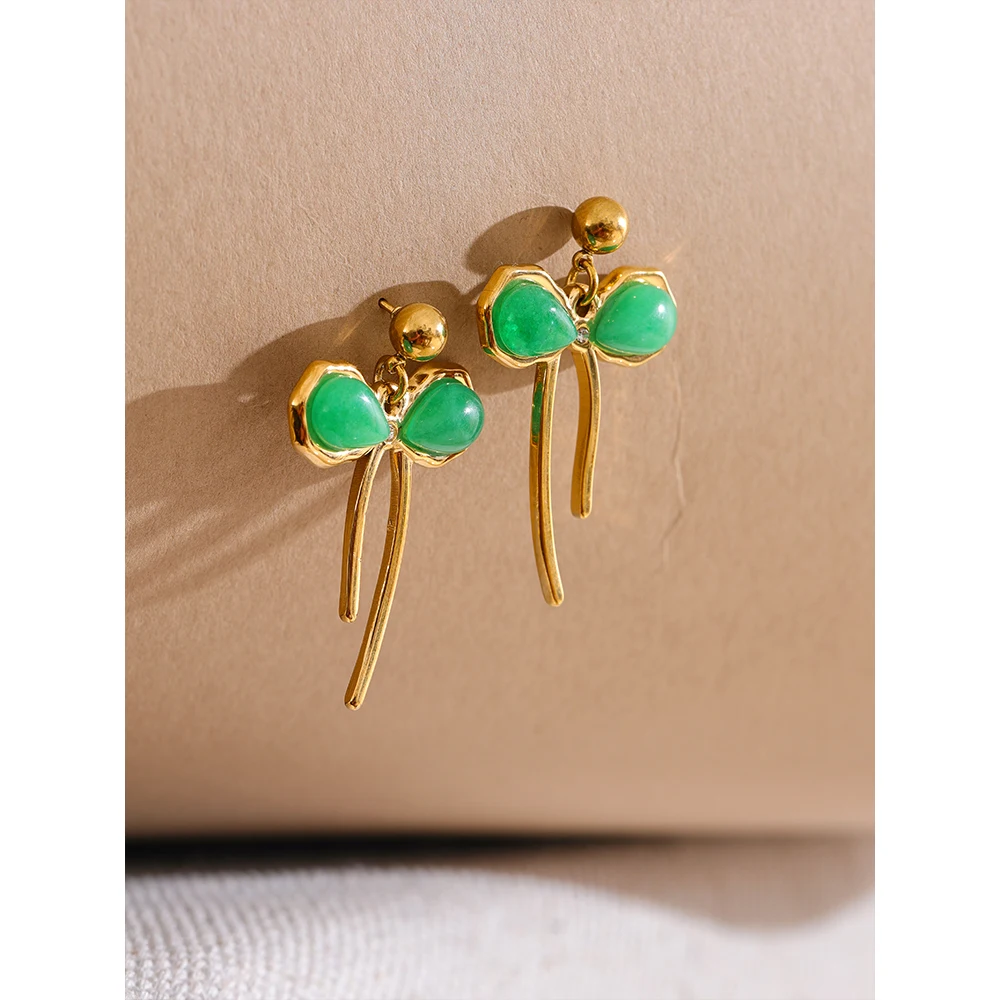 Yhpup Stainless Steel Green Color Stone Stainless Steel Bow Knot Earrings Jewelry for Women
