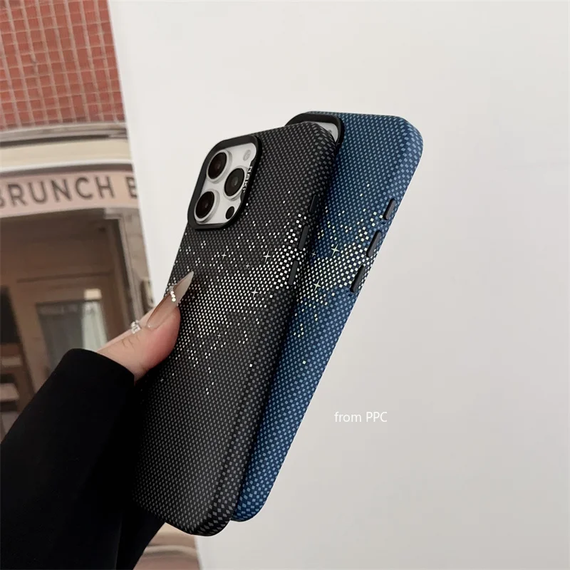 별이 빛나는 하늘 격자 무늬 도트 맥세이프 후면 커버, 아이폰 15, 14, 숨겨진 자석 쉘, 블랙 프레임 카메라, 럭셔리 카카사스, 16 프로 맥스 케이스