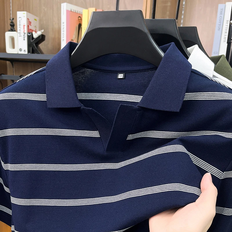 Men's Collar Striped Short Sleeved Polo Shirt, Summer Business Casual T-shirt, Men's Half Sleeved Shirt