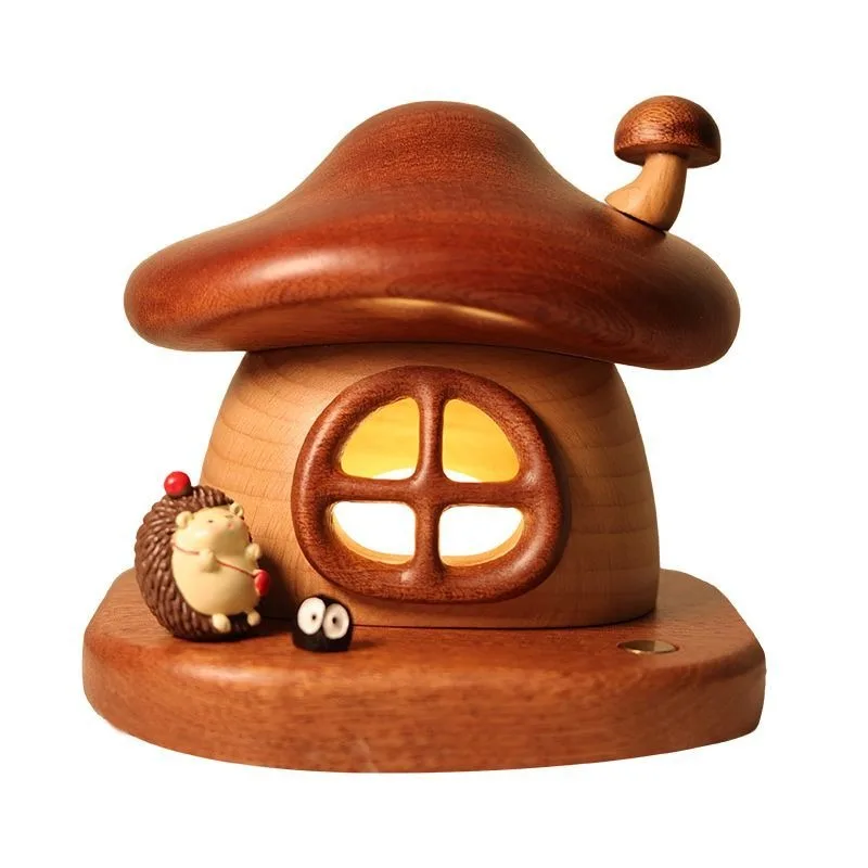 

Creative Mushroom House Night Light Solid Wood Rechargeable Small Gift Unique Decorative Lamp for Home