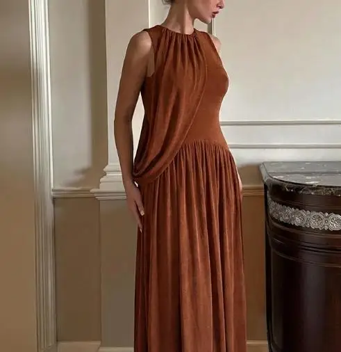 

Spring 2026 Women's Slimming Sleeveless round Neck Dress Fashionable Personalized Wrinkled Design New Arrival