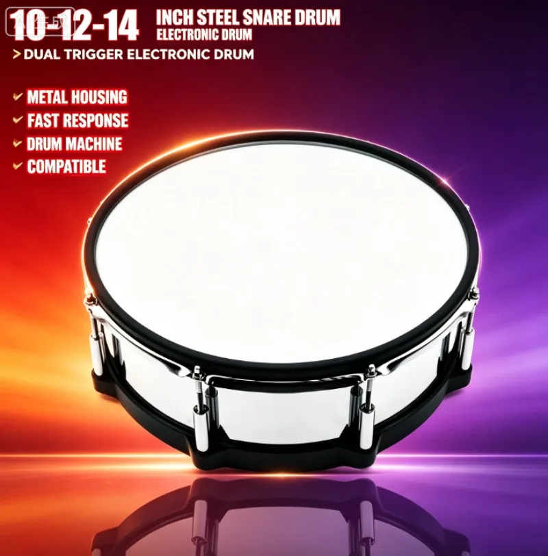 DIY Electronic Drum Kit Upgrade Snare Pad 10‑12‑14 Inch Steel Metal Shell Dual‑Zone Trigger Sensor  Percussion Accessory