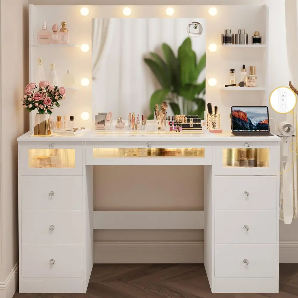 Vanity with Lighted 23.5 Mirror, Glass Top Vanity 9 Drawers Makeup Vanity Desk with 3 Color Hollywood Bulbs amp Power Outlet am