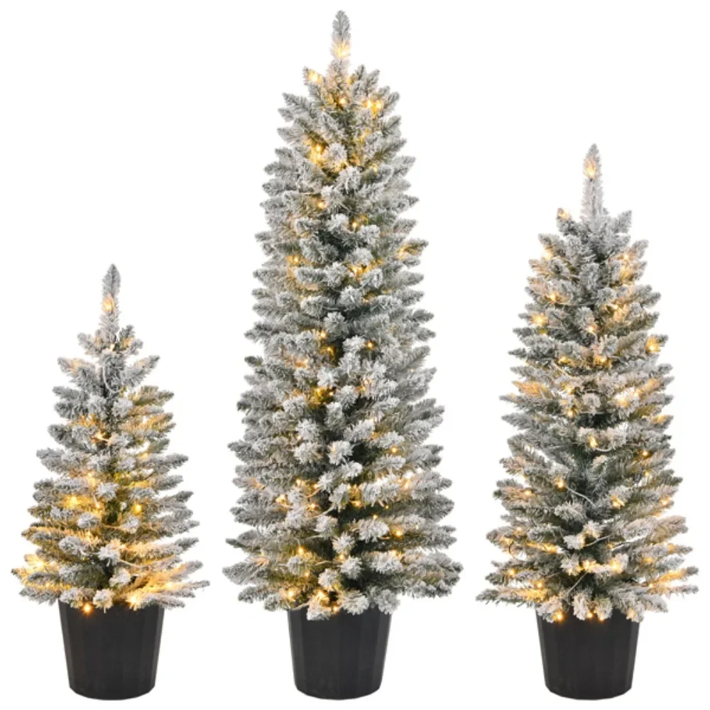 Set of 3 Pre-lit Xmas Trees with Pot Stands, 3/4/5 FT Snow Flocked Artificial Christmas Trees with 50/100/150 Warm Lights