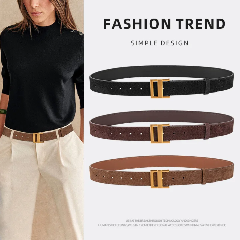 

New Sandblasting Flocking Gold Pin Buckle Leather Women Waistband Belt Fashion Dress Jeans Short Coat Belt for Ladies