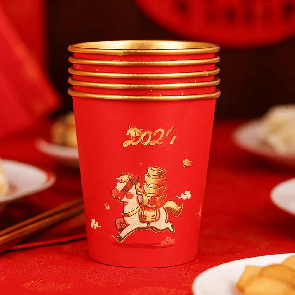 50 قطعة نمط الحصان 2026 مهرجان الربيع كوب للاستعمال مرة واحدة مكافحة السمط الذهب احباط شرب فنجان شاي سميكة النمط الصيني #5