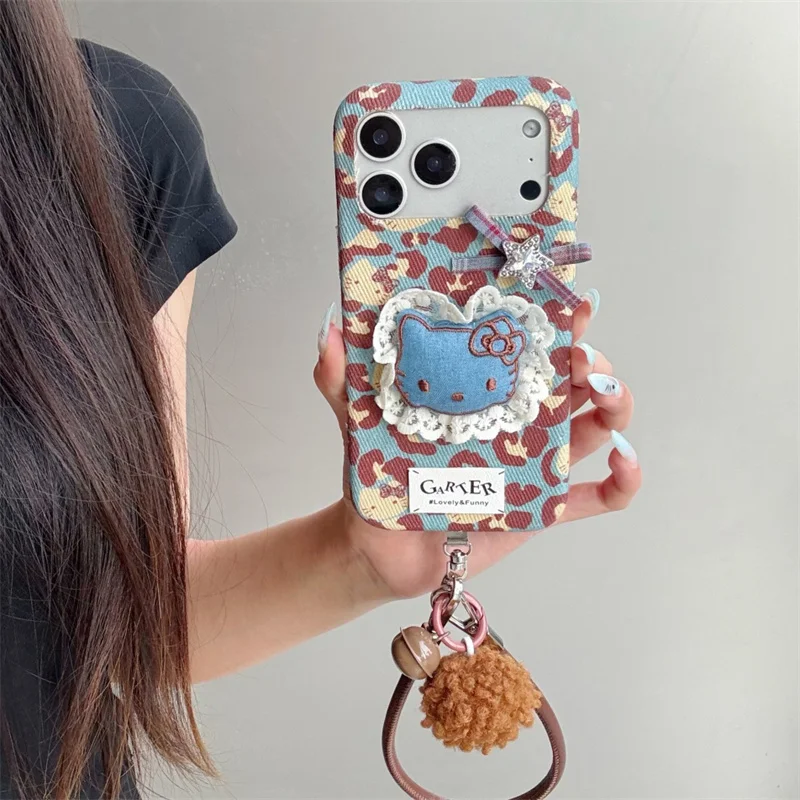 

Korean Blue Leopard Print Cloth Fabric Phone Case For iPhone 17 Pro 15 14 16 Pro Max Cover with Chain Cute kitty Protective Case