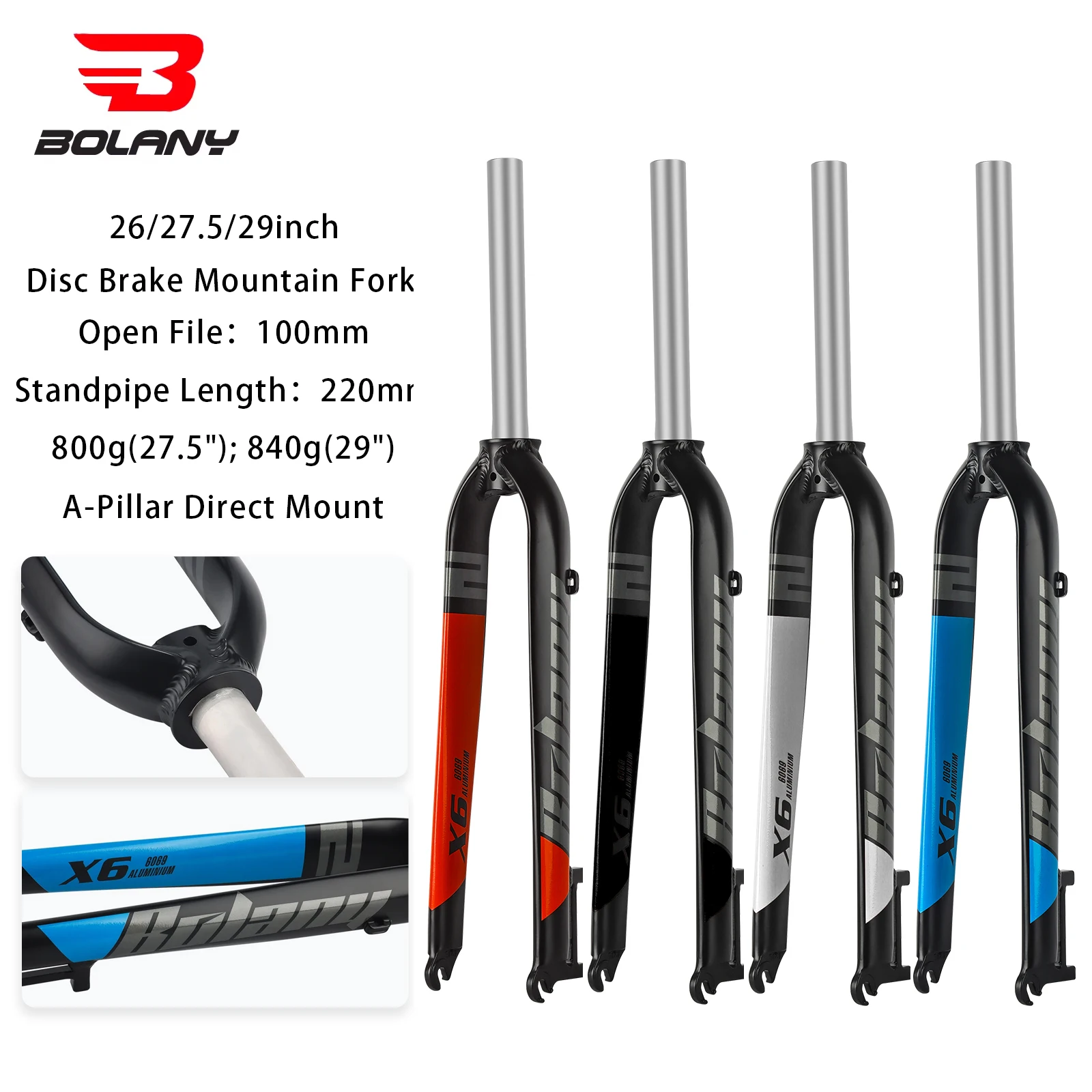 Bolany Bike MTB Rigid Fork 26/27.5/29inch Suitable For Mountain Bicycle X6 Bike Forks Straight Aluminum Alloy Light Matt Parts