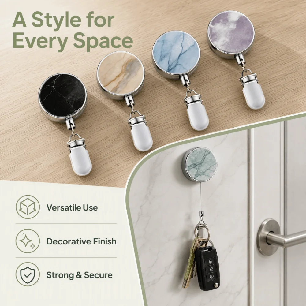 Stainless Steel Retractable Towel Clip Marble-Pattern Punch-Free Metal Hanging Clip Self-Adhesive Metal Spring Clip Bathroom