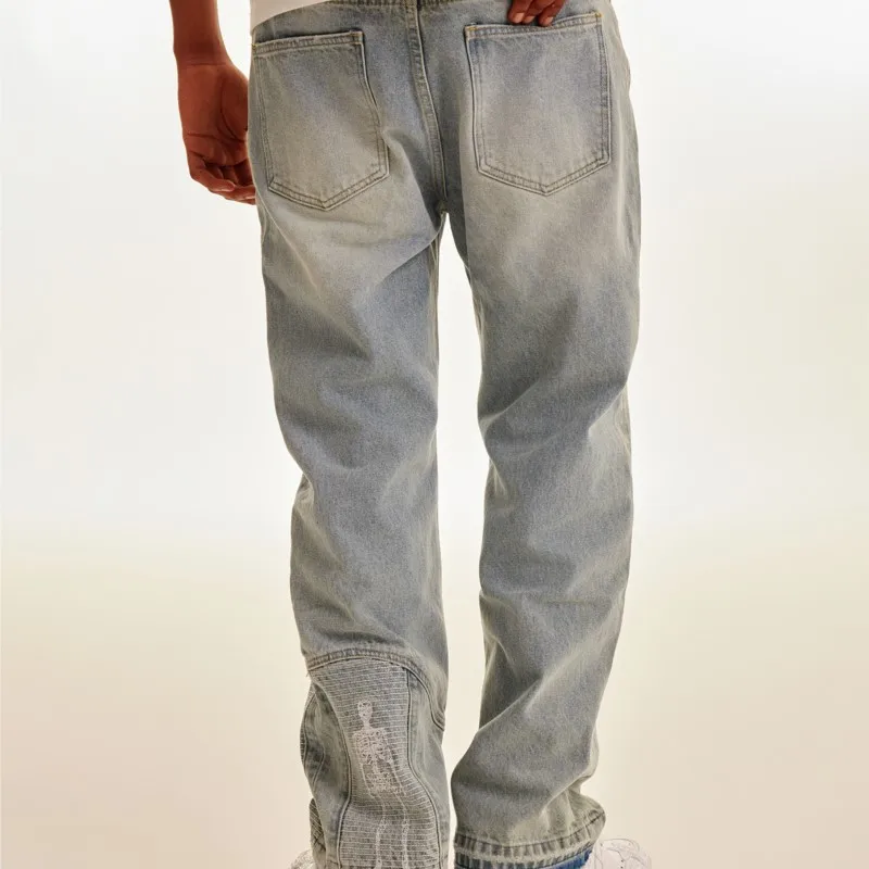 Embroidered Distressed Dirty Dyed Washed Jeans Loose Straight Trousers