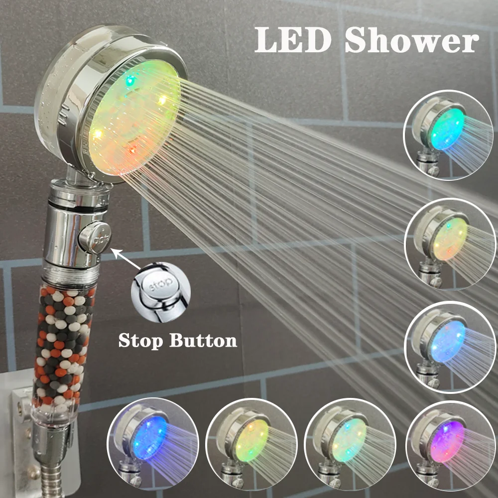 

LED High Pressure Shower Head With Anion Filter Water Saving Showerhead Temperature Control Colorful Light Handheld Big Shower