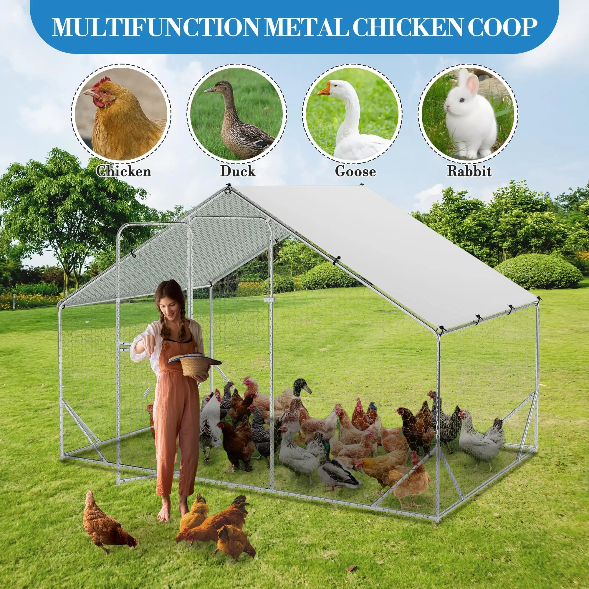 Large Metal Chicken Coop with Stiffener, Walk in Poultry Cage Chicken Run Pen with Waterproof Oxford Roof & Steep-Pitched Roof for Chickens/Ducks/Rabbits, 9.8'x6.5'x6.5'