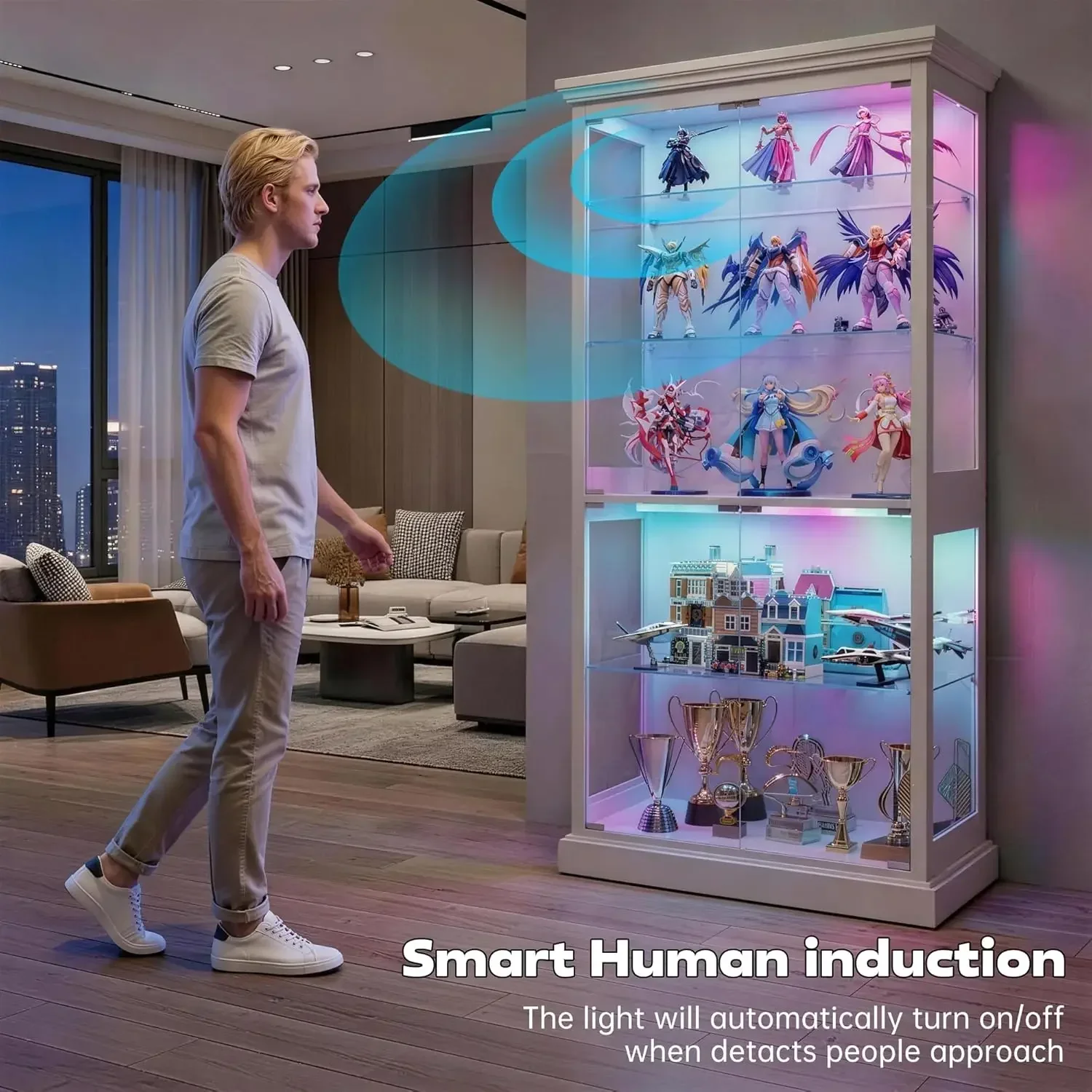Tall White Glass Display Cabinet 5 Tier Curio Case Rotating Turntable Removable Shelves Human Body Sensor Collectibles Lego Stor