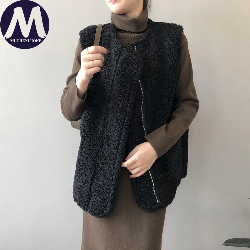 Elegant Sleeveless Jacket Women Autumn Winter Faux Lamb Fur Warm Vest Korean Fashion Casual Loose Coats for Women