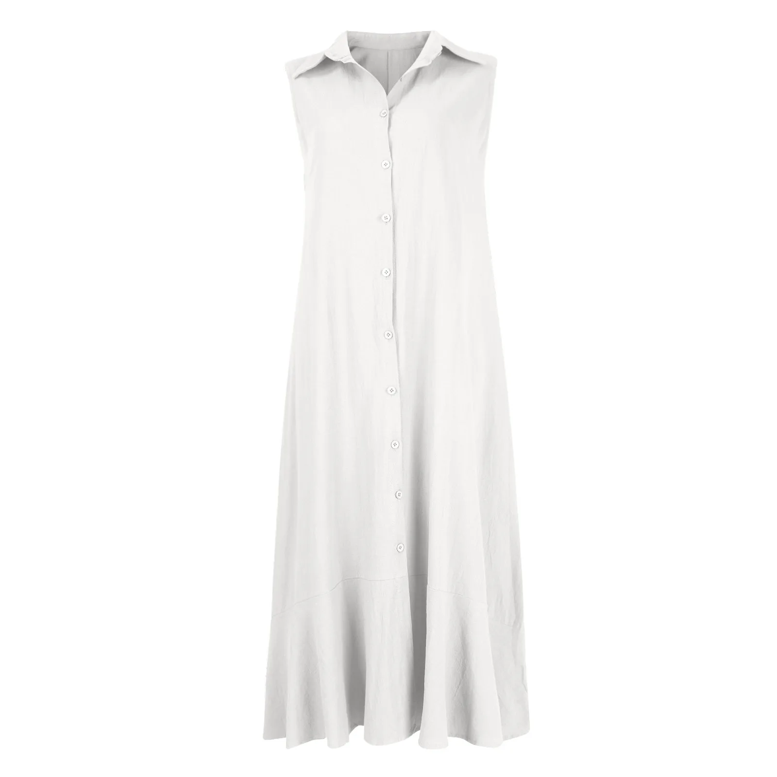 เดรสยาวคอปกแขนกุดสำหรับผู้หญิงชุดเดรสยาวสีทึบมีกระดุมทรงหลวมสำหรับฝ้ายลินินวันหยุดพักผ่อนขนาดใหญ่