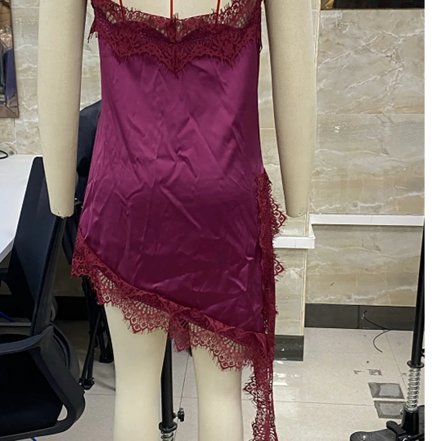 Deep Burgundy Asymmetrical Slip Dress for Women Sleeveless Spaghetti Strap Dress Lace Accents Casual Party Going Out Dress