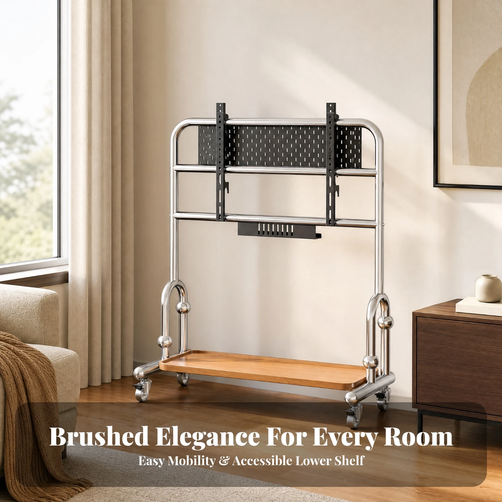 Freestanding Mobile TV Stand with Storage Shelf Sturdy Stainless Steel Frame TV Stand with Wood-Grain Shelf Long-Lasting Stable