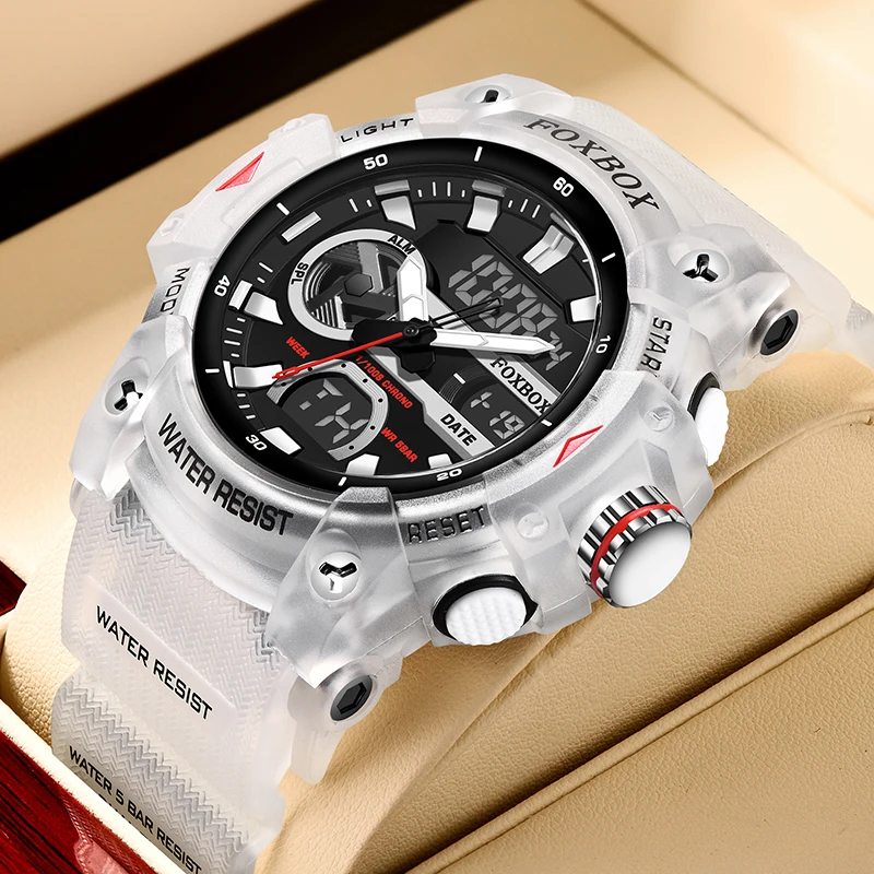 FOXBOX Dual Display Watch Men Fashion White Silicone Sports Diving Watch For Men Waterproof Analog Digital Quartz Men's Watches