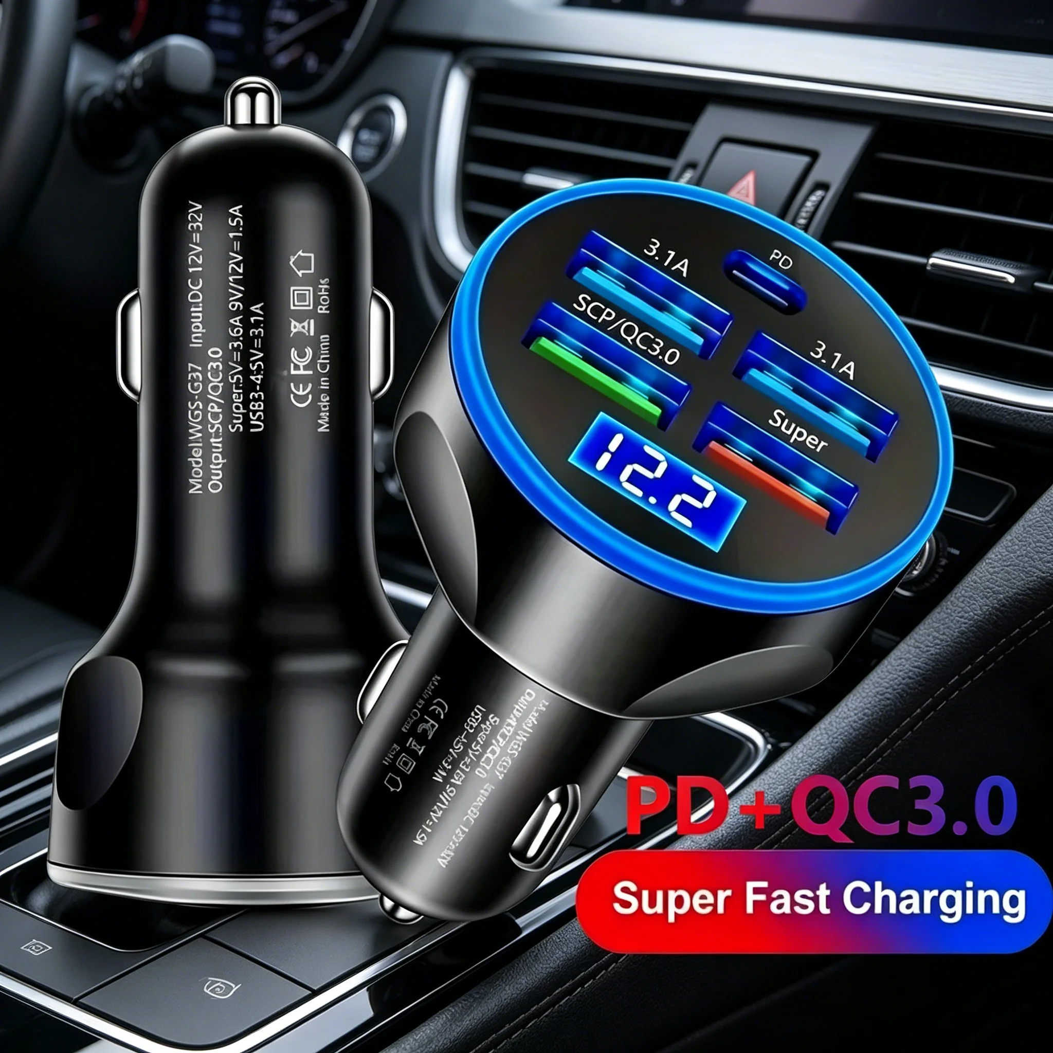 250W 6 Ports Car Fast Charging Car Charger PD QC3.0 USB C Type C Car Phone Charger Adapter For iPhone 15 Samsung Huawei Xiaomi
