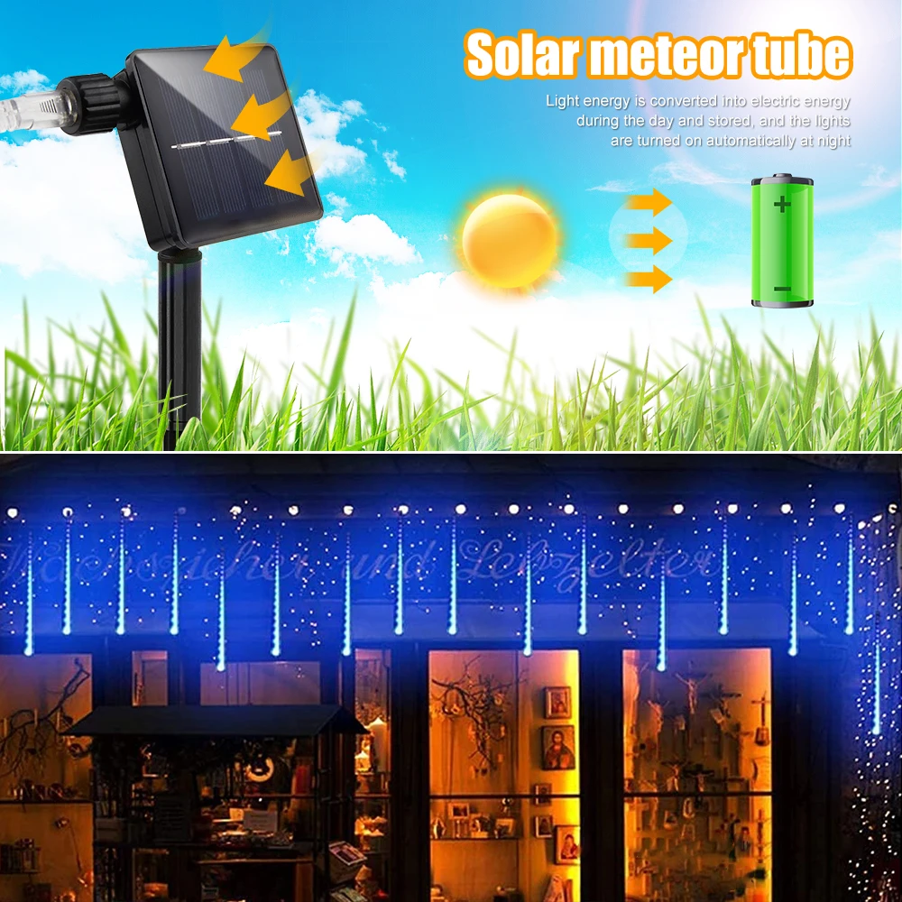 Zewnętrzne lampki solarne choinkowe, efekt deszczu meteorów, lampki spadające deszcz, do dekoracji choinki, na wesele, imprezę, do ogrodu, na rynny.