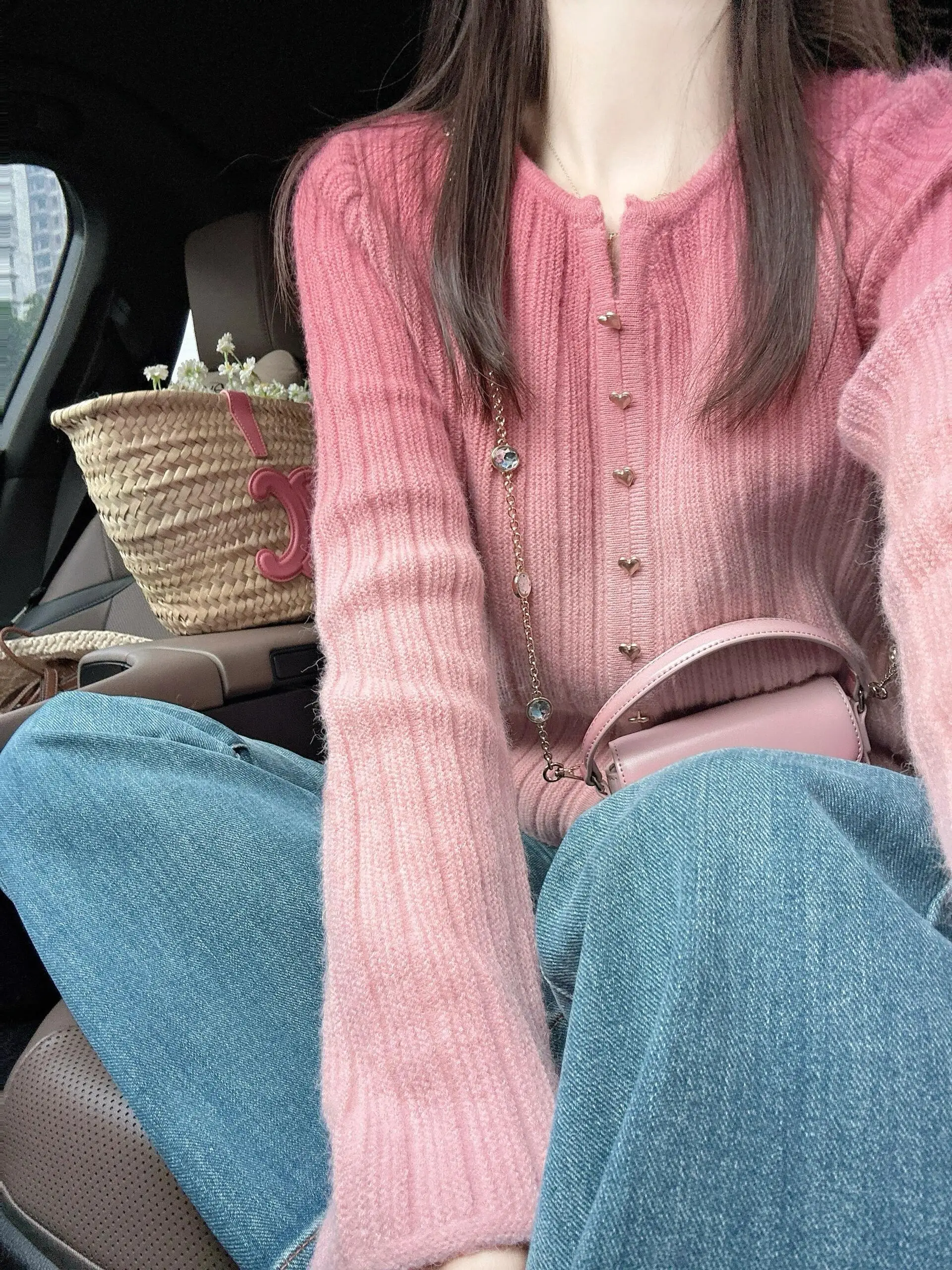 Pink Knitted Sweater Women's Korean Style Chic Unique Design Top Spring 2026 New Arrival Soft Long Sleeve V-Neck Button Detail