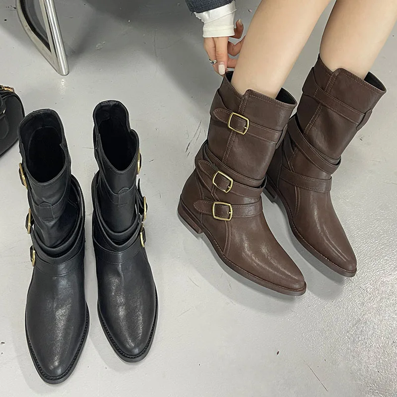 Female Designer Metal Buckle Ladies Short Boots Shoes Autumn Winter Fashion Pointed Toe Footwear Modern Women Ankle Boots