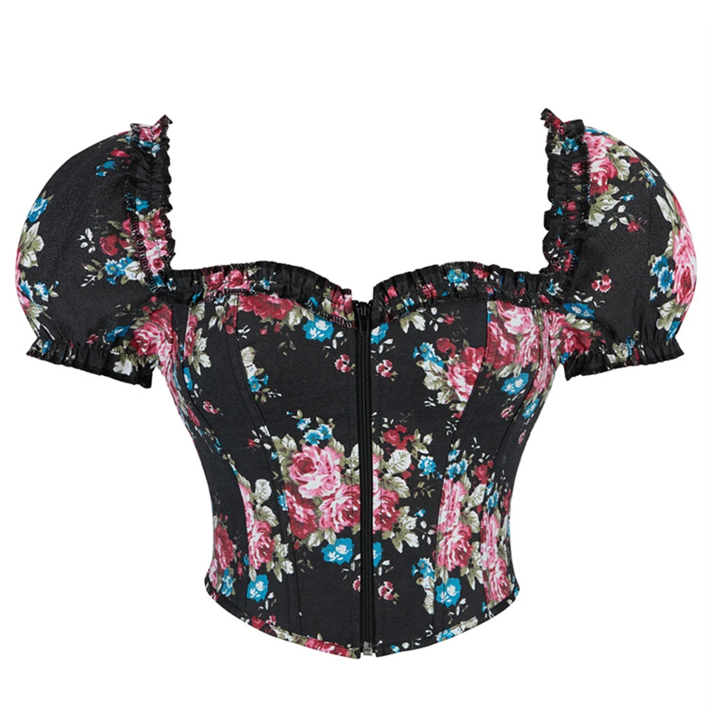 

Victorian Overbust Corsets Crop Tops Women Floral Print Bubble Sleeve Front Zipper Bustier Punk Gothic Body Shaper Korsett